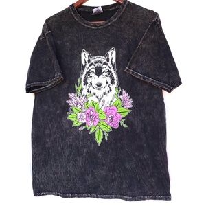 Wolf and Flowers T-Shirt with Black Stone Wash